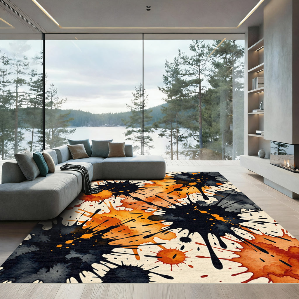 Abstract Ink Splash Orange Black Rug