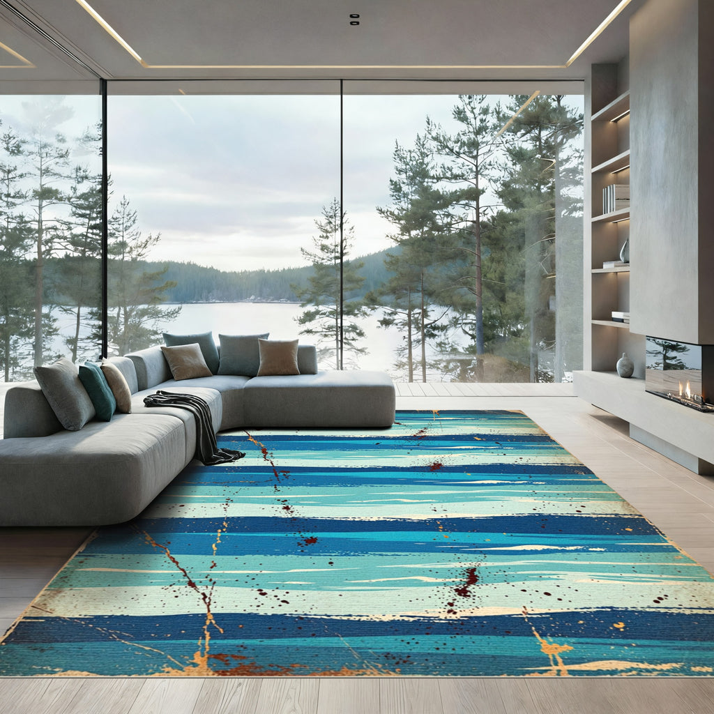 Distressed Blue Ocean Horizon Stripe Rug