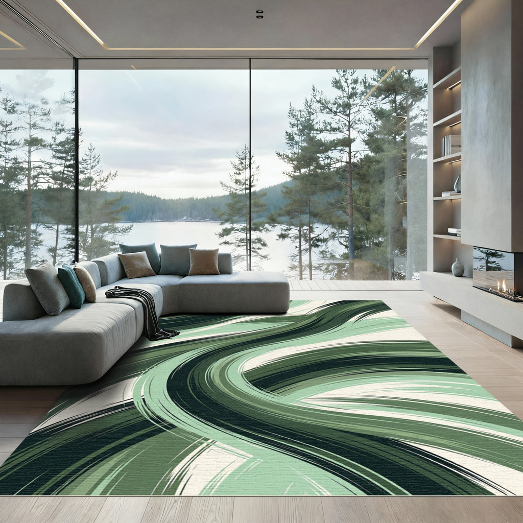 Verdant Green Swirl Abstract Rug
