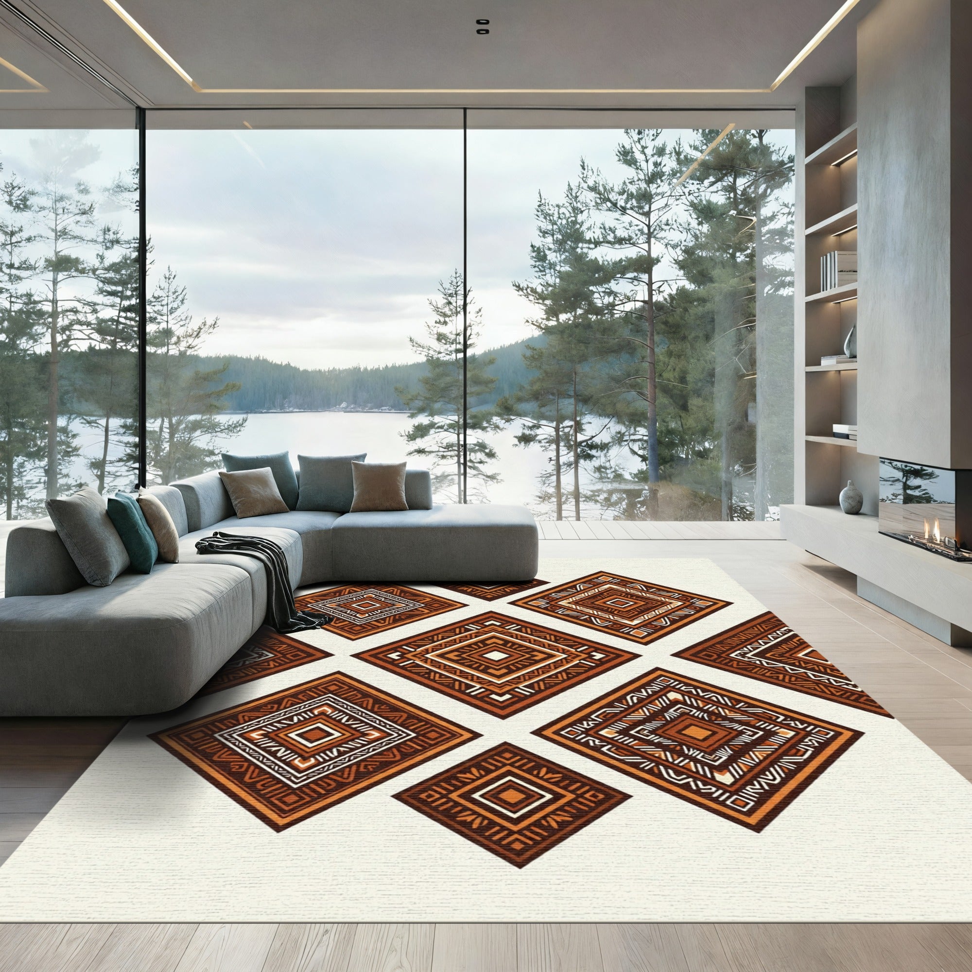 Earthy Ochre Geometric Tribal Diamond Array Rug
