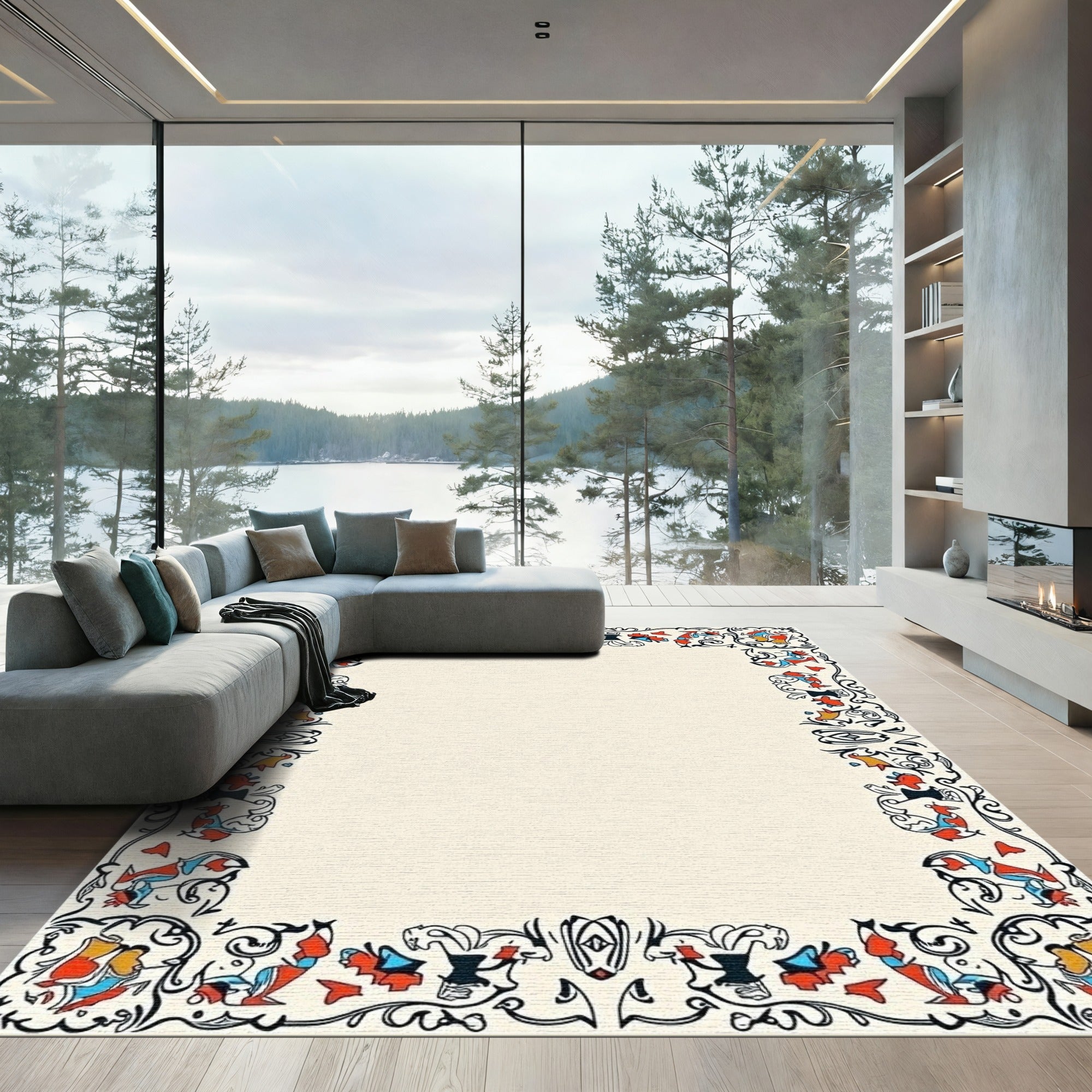 Red Blue Abstract Flourish Border Rug