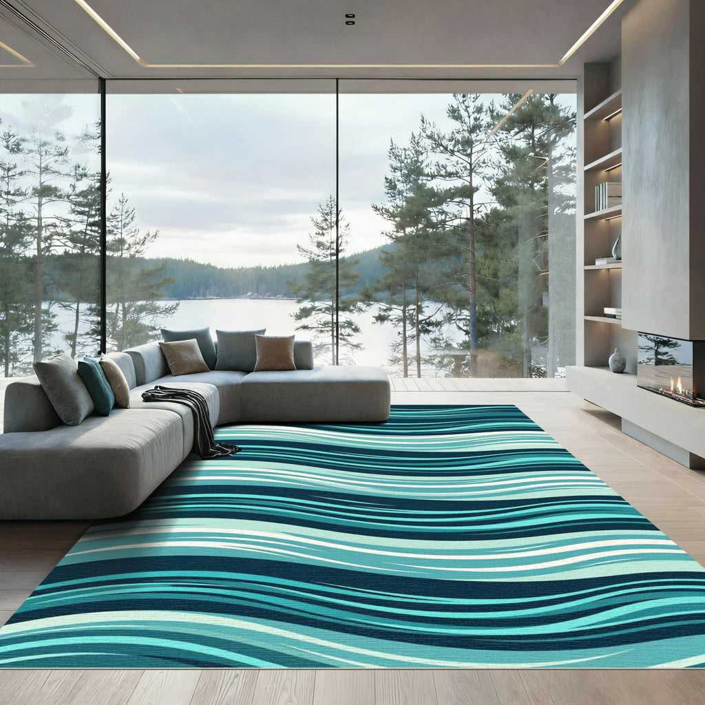 Modern Teal and Navy Flowing Waves Rug