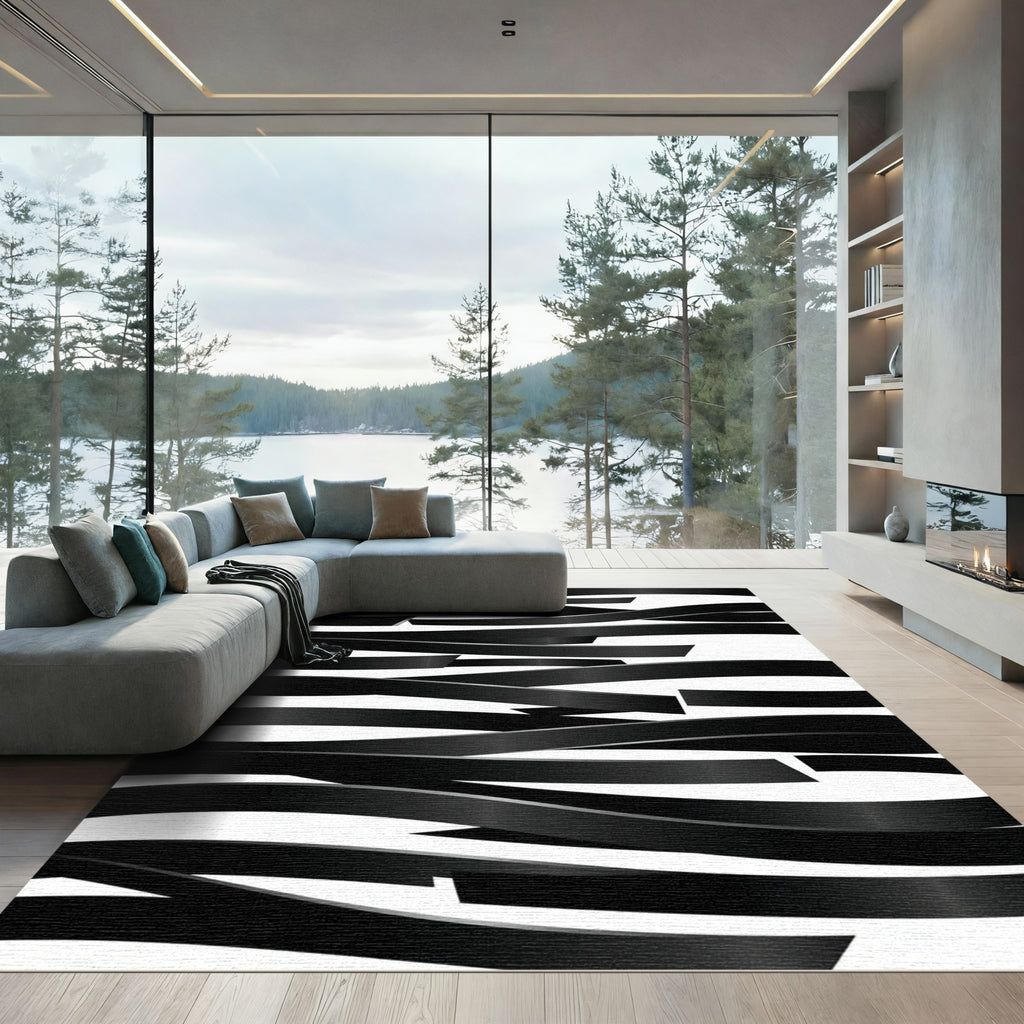 Black Wavy Ribbon Abstract Rug