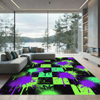 Neon Purple Green Splatter Checkered Rug