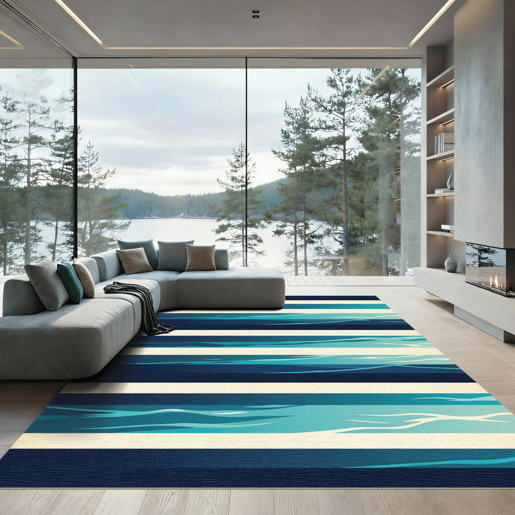 Coastal Deep Blue Abstract Stripe Layer Rug