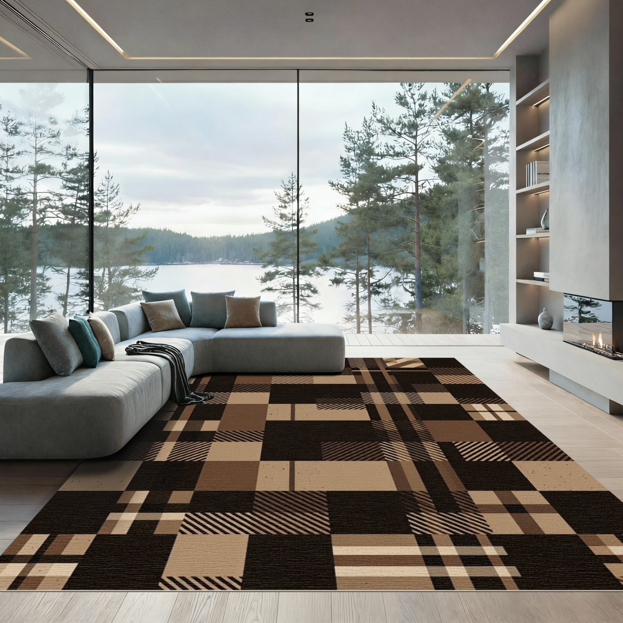 Earthy Brown Plaid Geometric Grid Rug