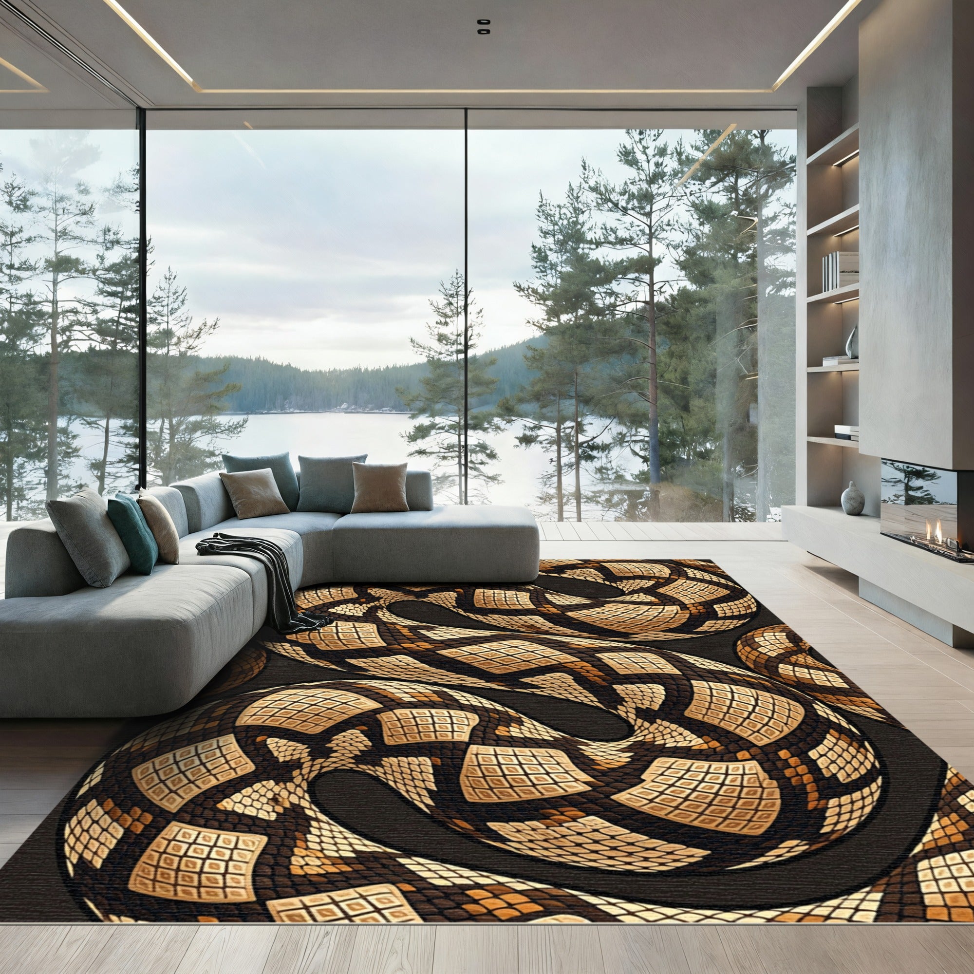 Coiled Serpent Brown Abstract Reptile Scale Rug
