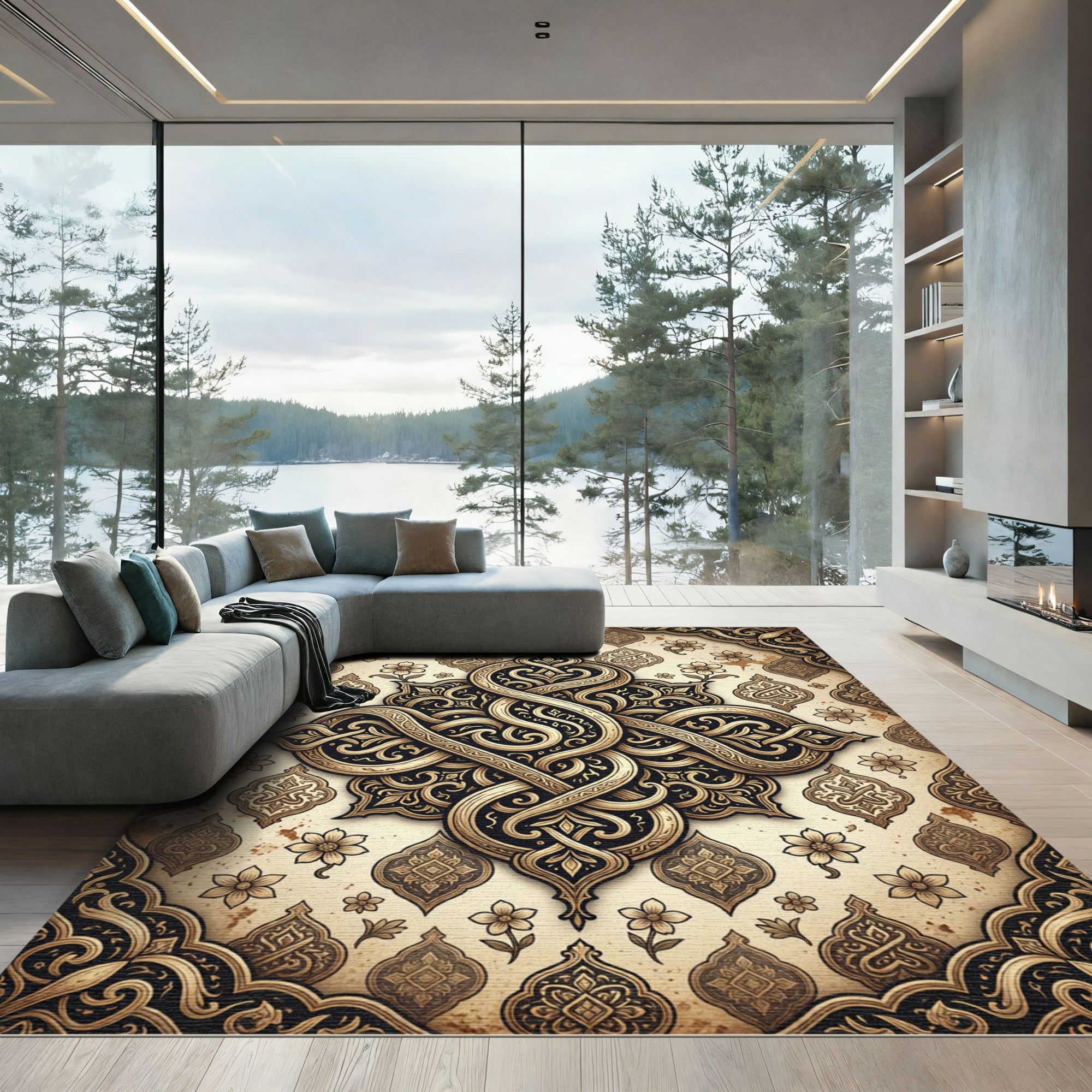Ornate Golden Arabesque Scroll Medallion Rug