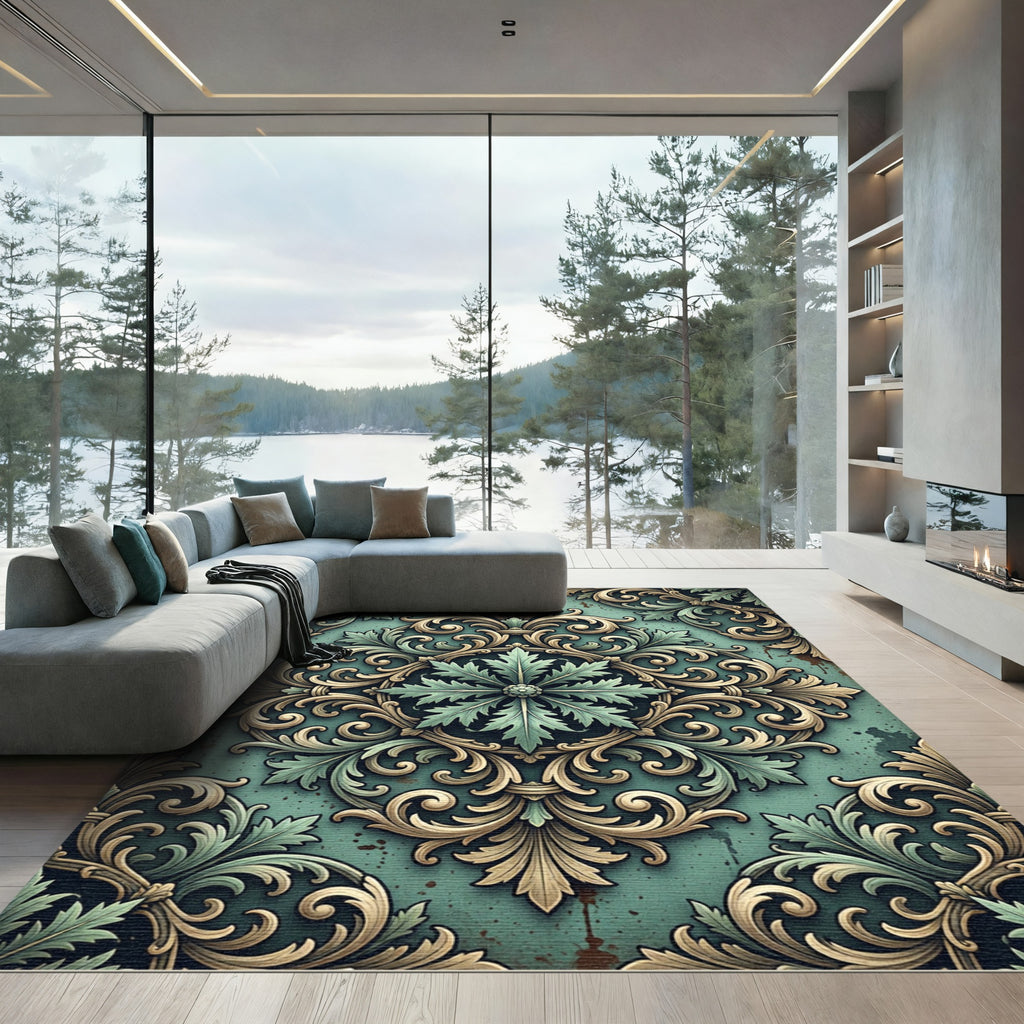 Sage Green Baroque Acanthus Scroll Medallion Rug