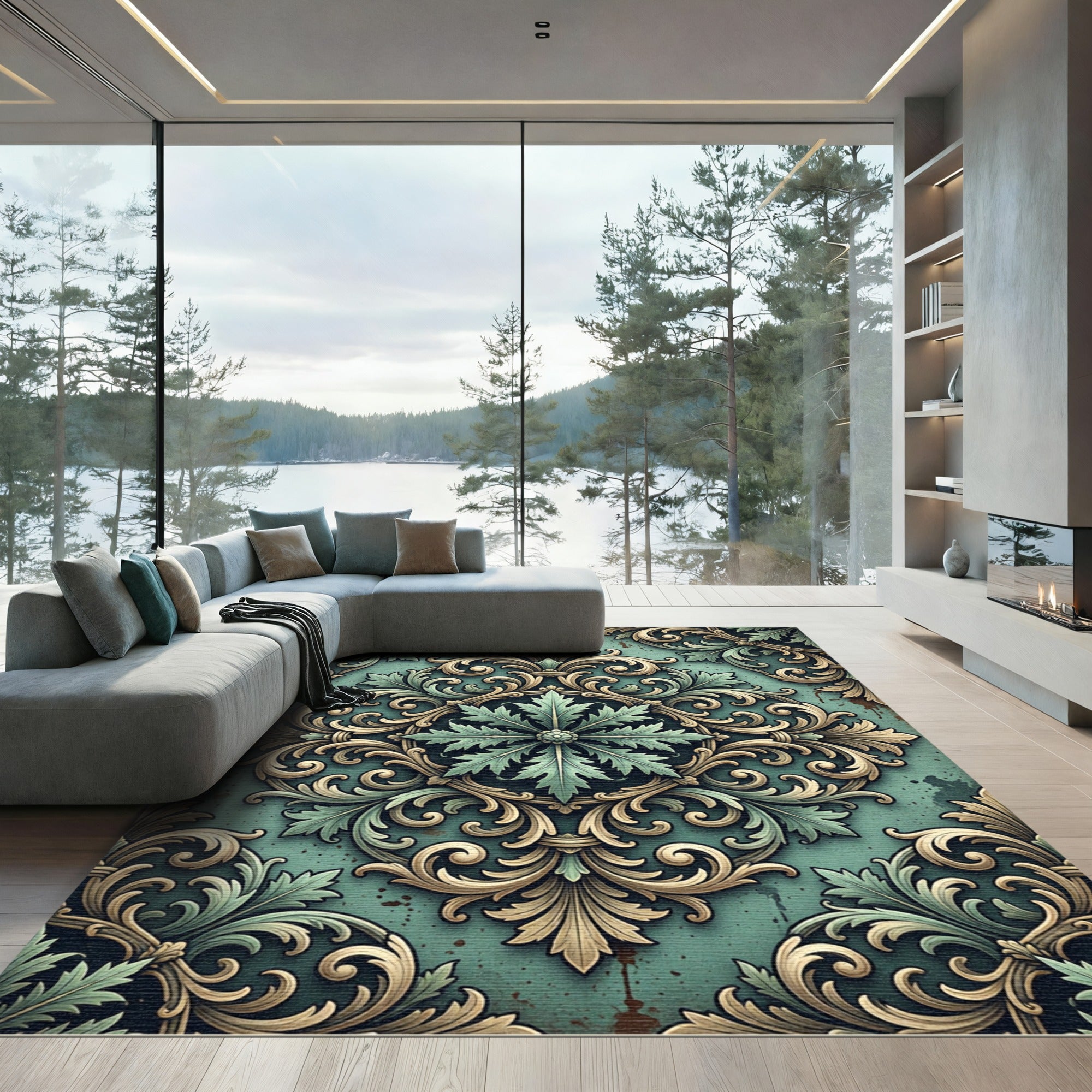 Sage Green Baroque Acanthus Scroll Medallion Rug