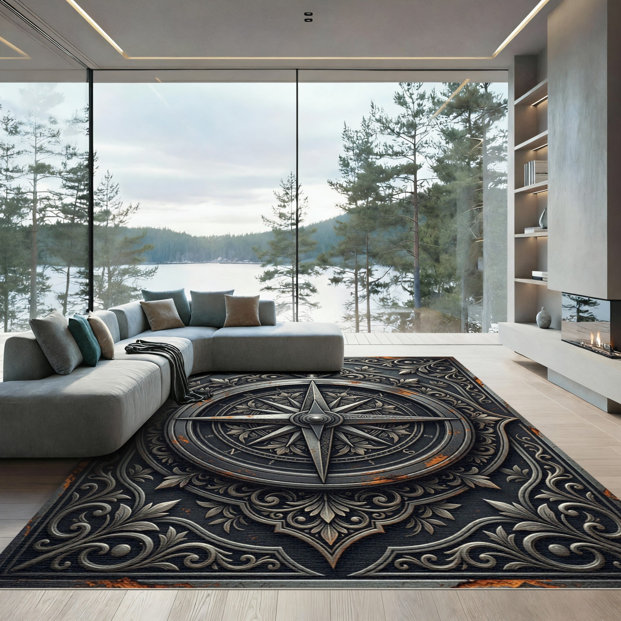 Metallic Silver Compass Antique Filigree Rug