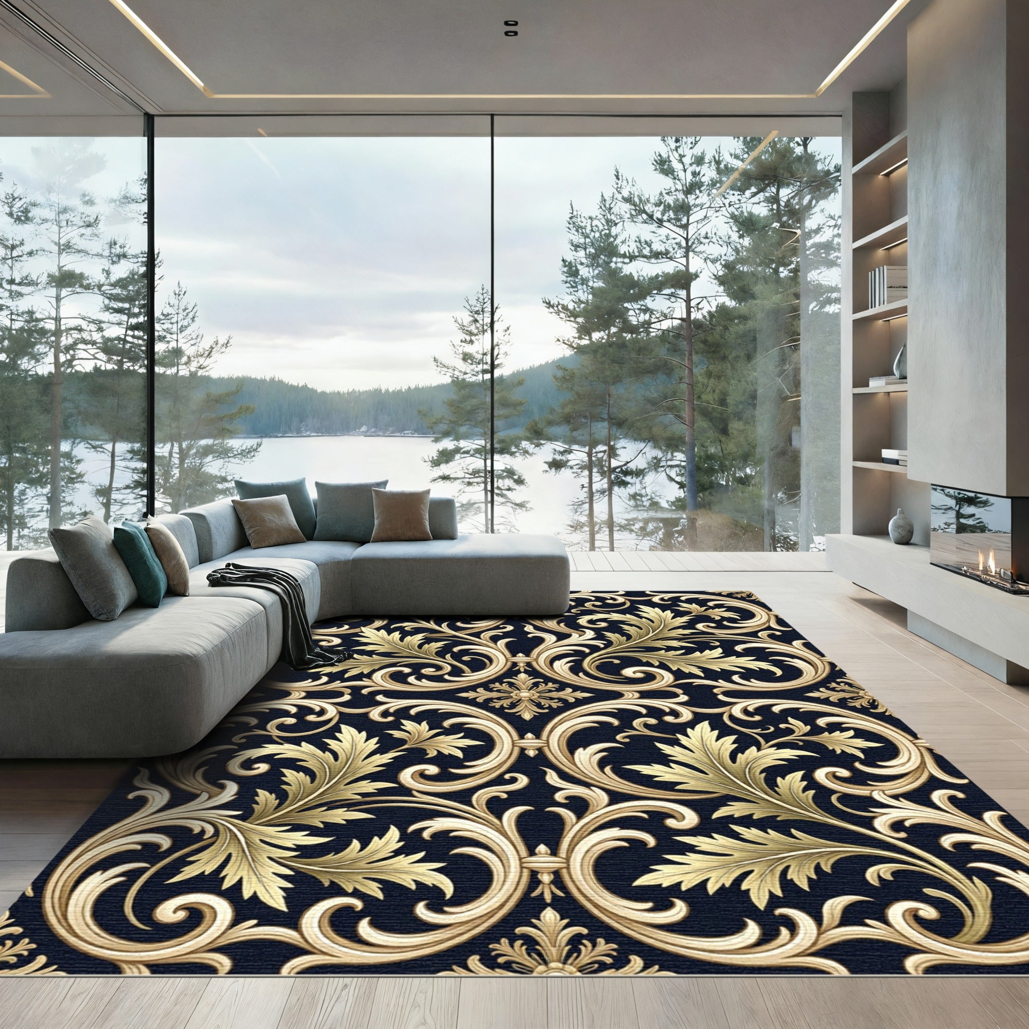 Ornate Gold Acanthus Scroll Work Rug
