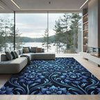 Midnight Blue Floral Scroll Damask Rug