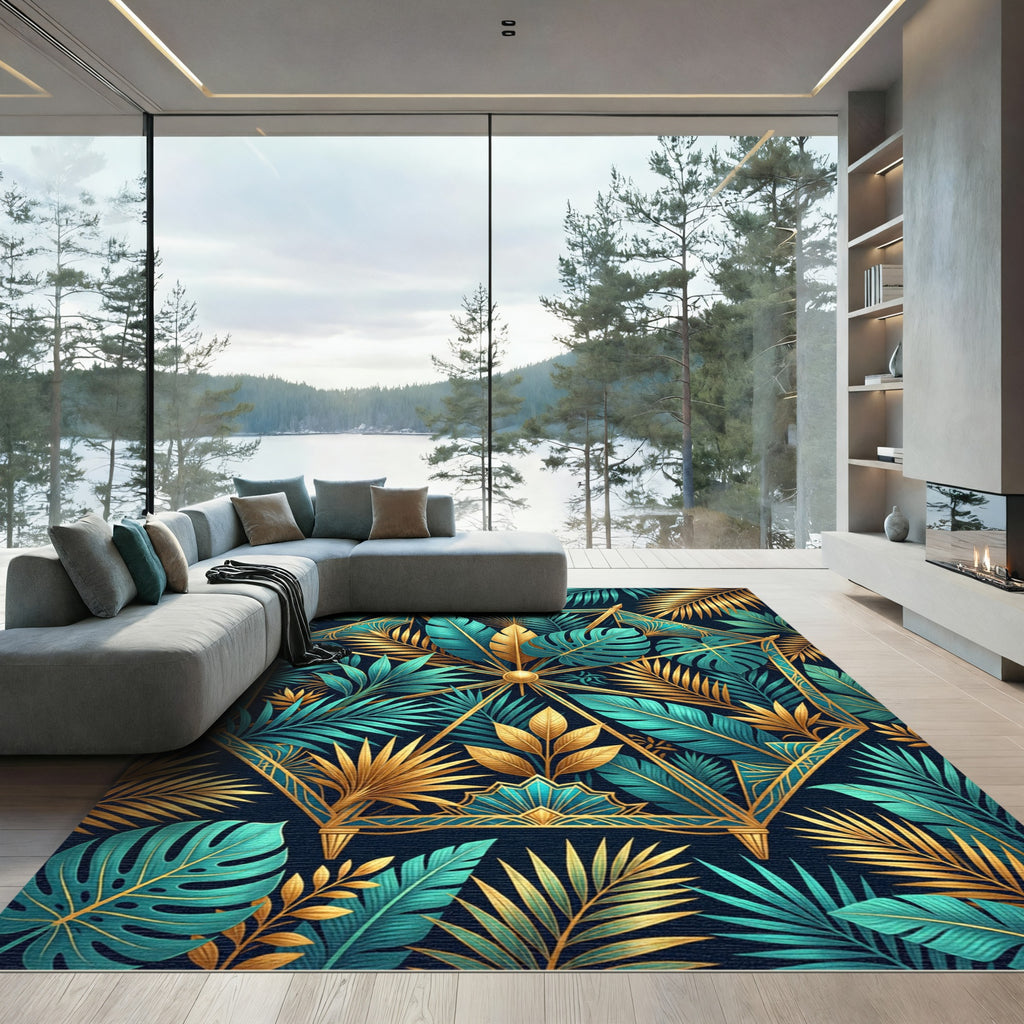 Golden Tropical Teal Geometric Art Deco Rug