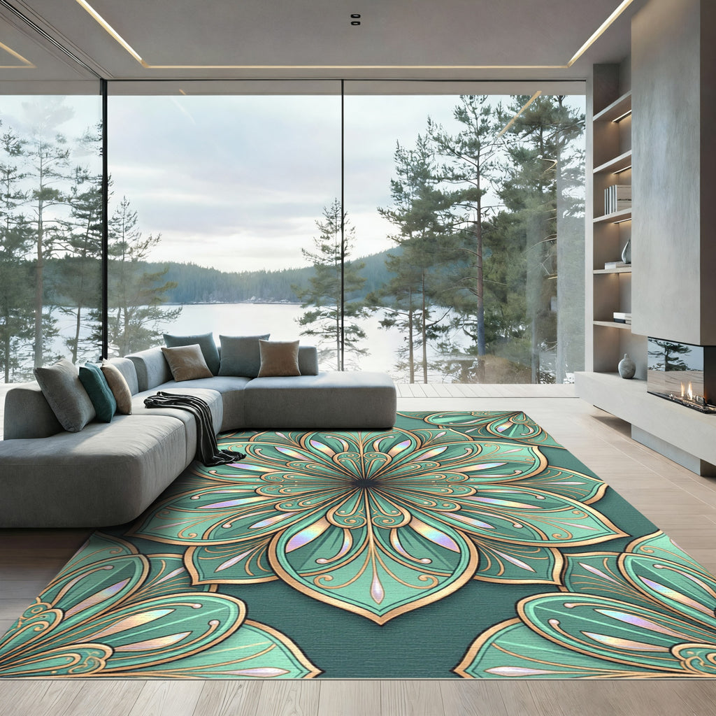 Luminous Teal Petal Mandala Rug