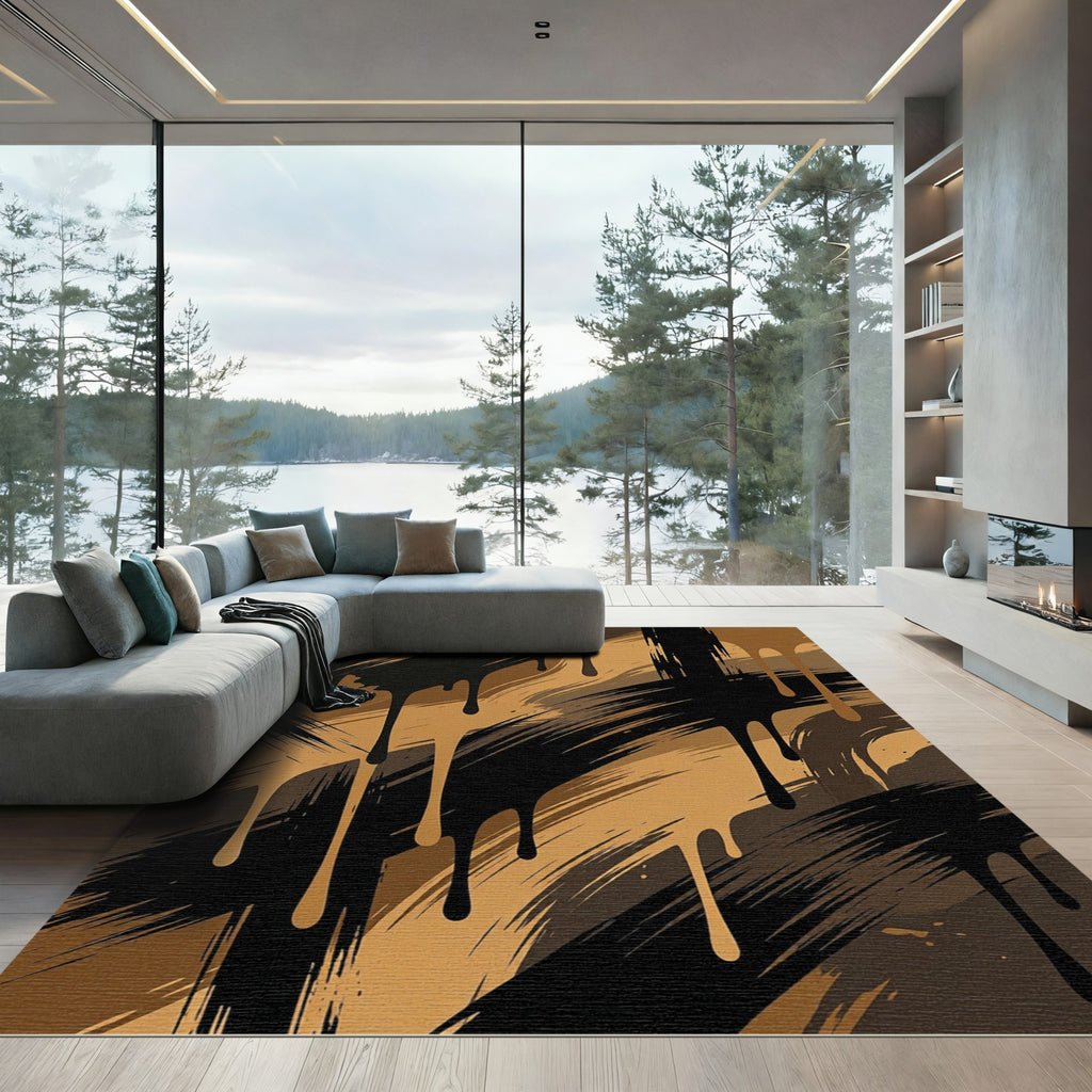 Abstract Espresso and Tan Drip Rug