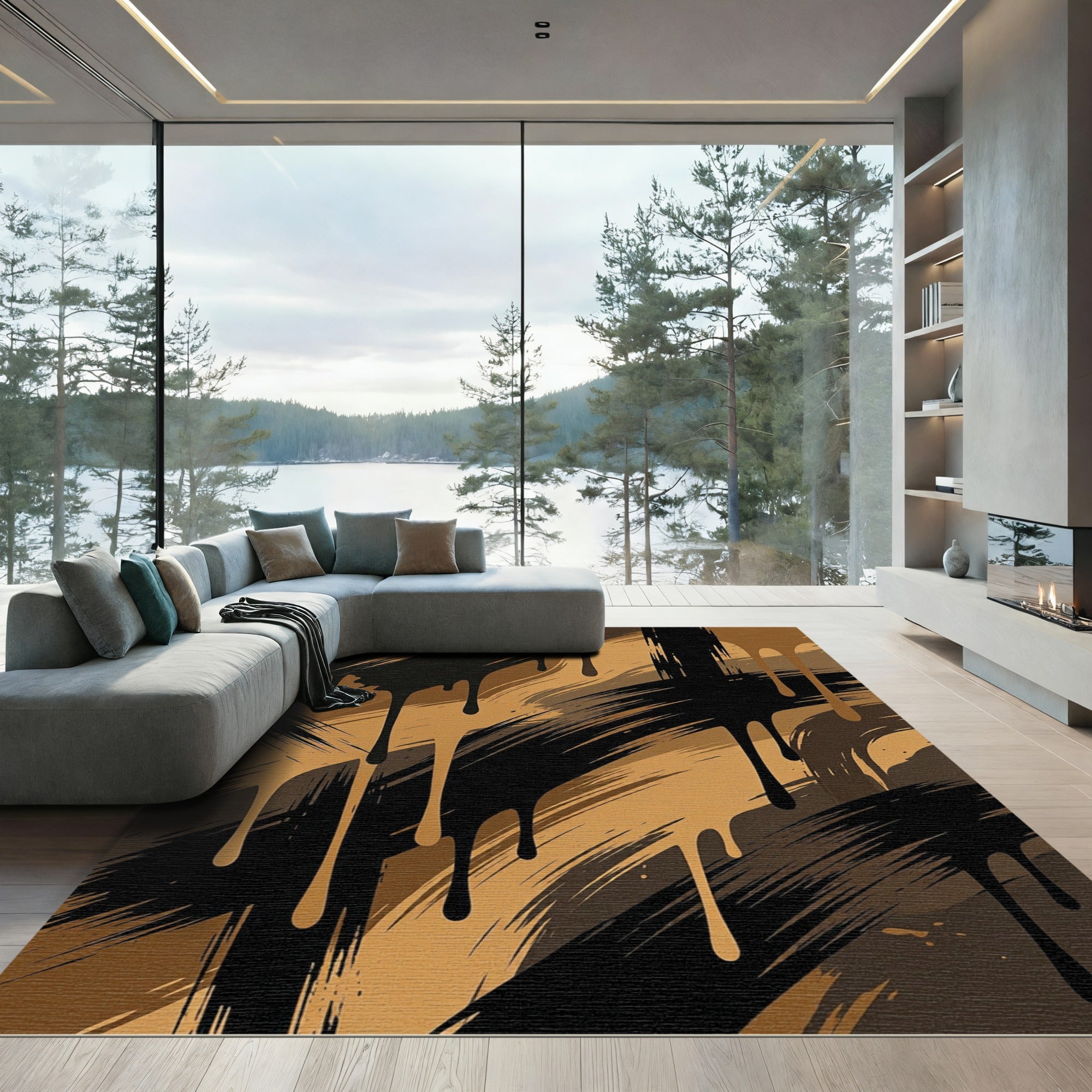 Abstract Espresso and Tan Drip Rug