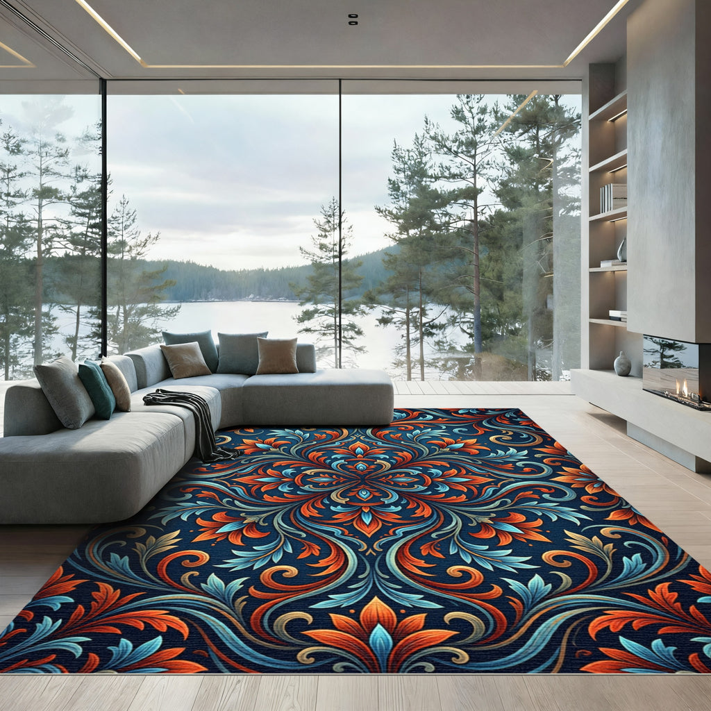 Intricate Floral Swirl Indigo Red Rug