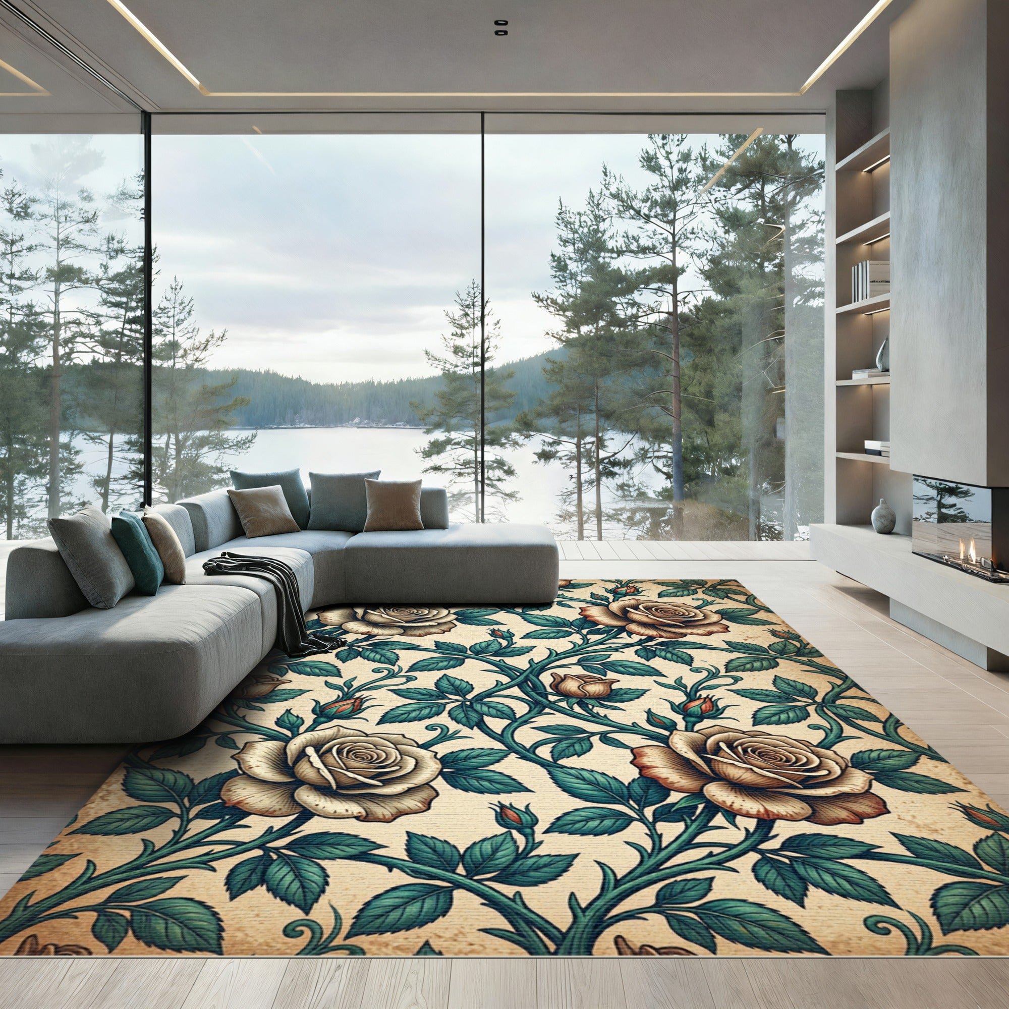 Cream Rose Vine Foliage Rug