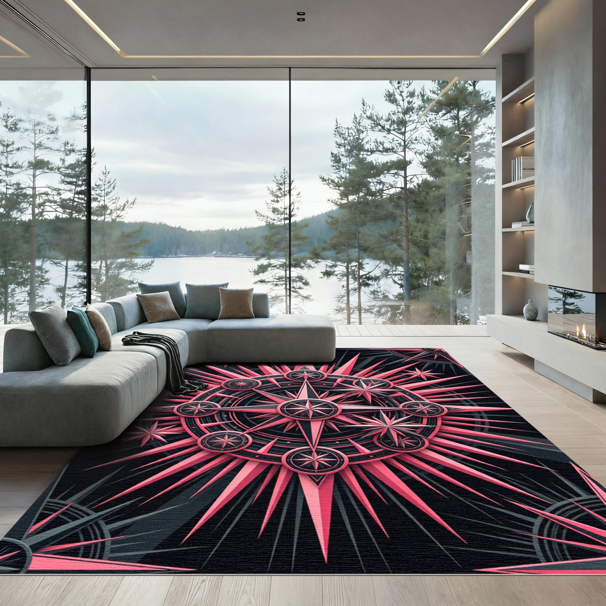 Celestial Pink Star Compass Medallion Rug