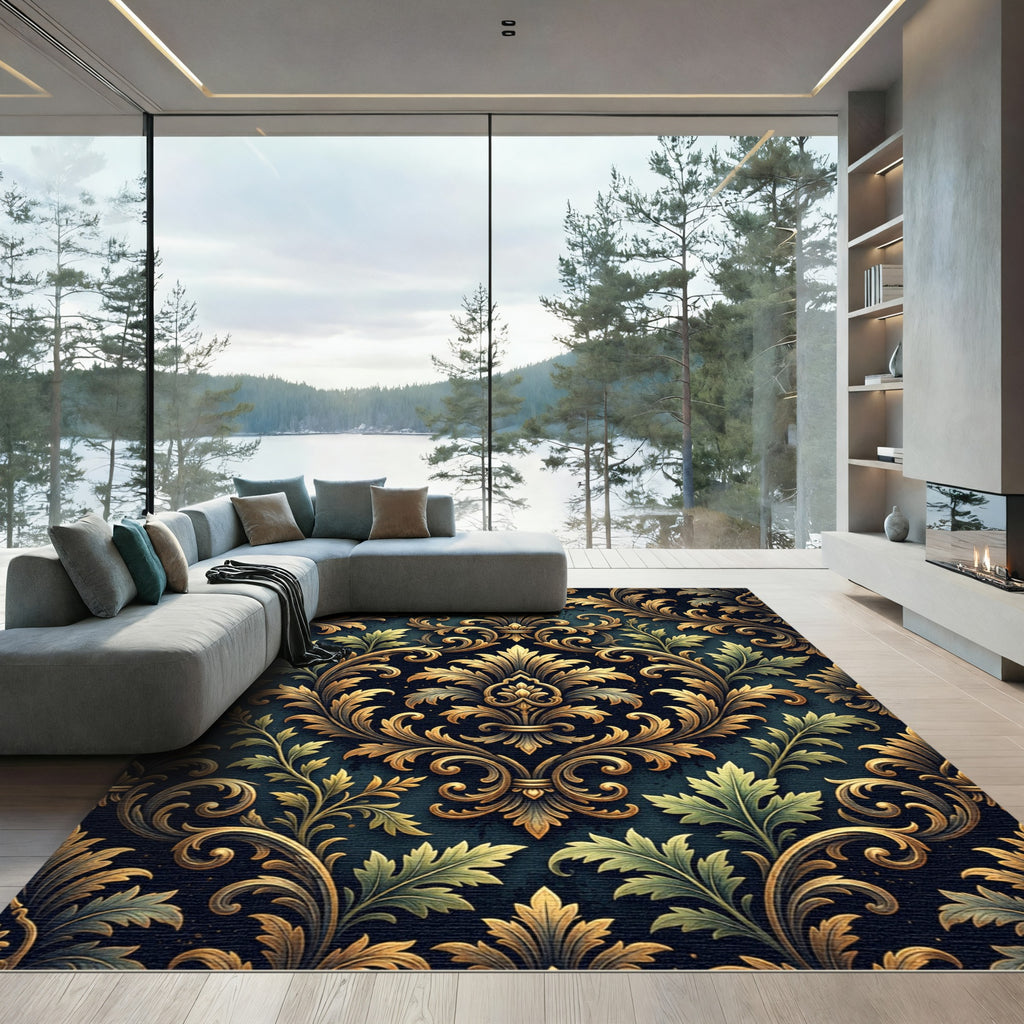 Elegant Golden Damask Floral Midnight Tapestry Rug