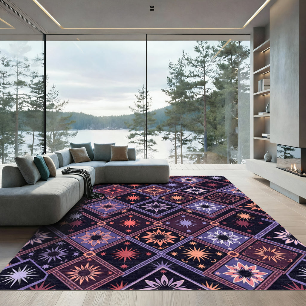 Crimson Teal Starburst Medallion Quilt Rug