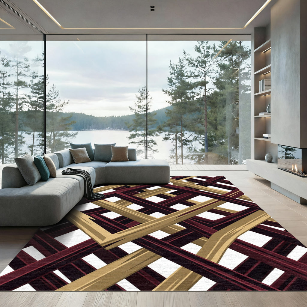 Bold Geometric Interlocking Burgundy Gold Grid Rug