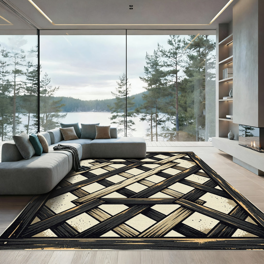 Dark Wood Geometric Lattice Grid Rug