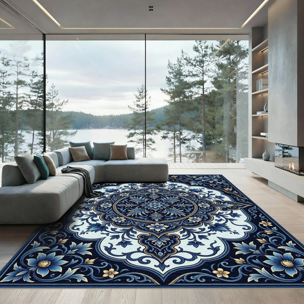 Midnight Blue Floral Medallion Rug