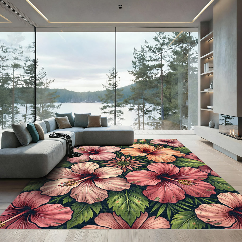 Tropical Pink Hibiscus Floral Garden Rug