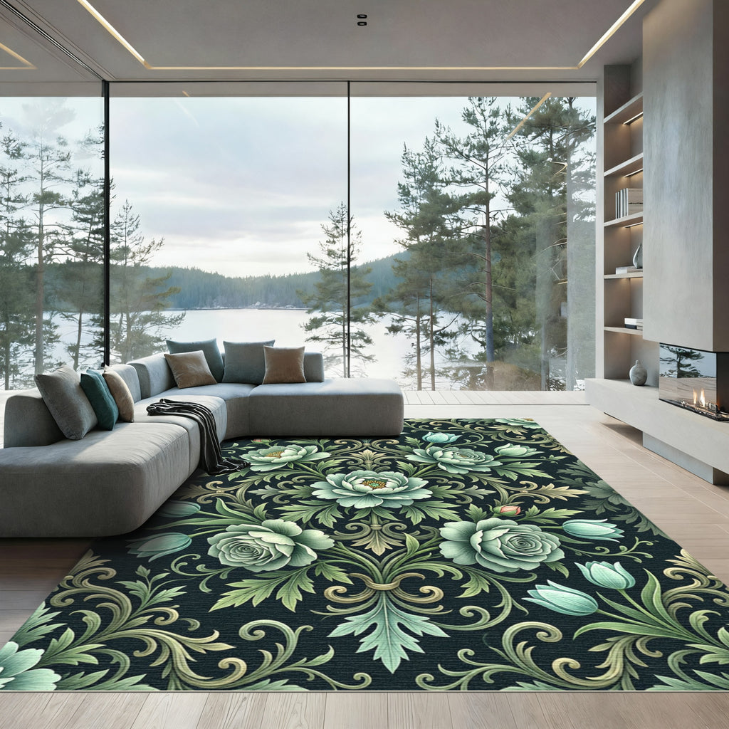 Pale Teal Floral Acanthus Swirl Rug