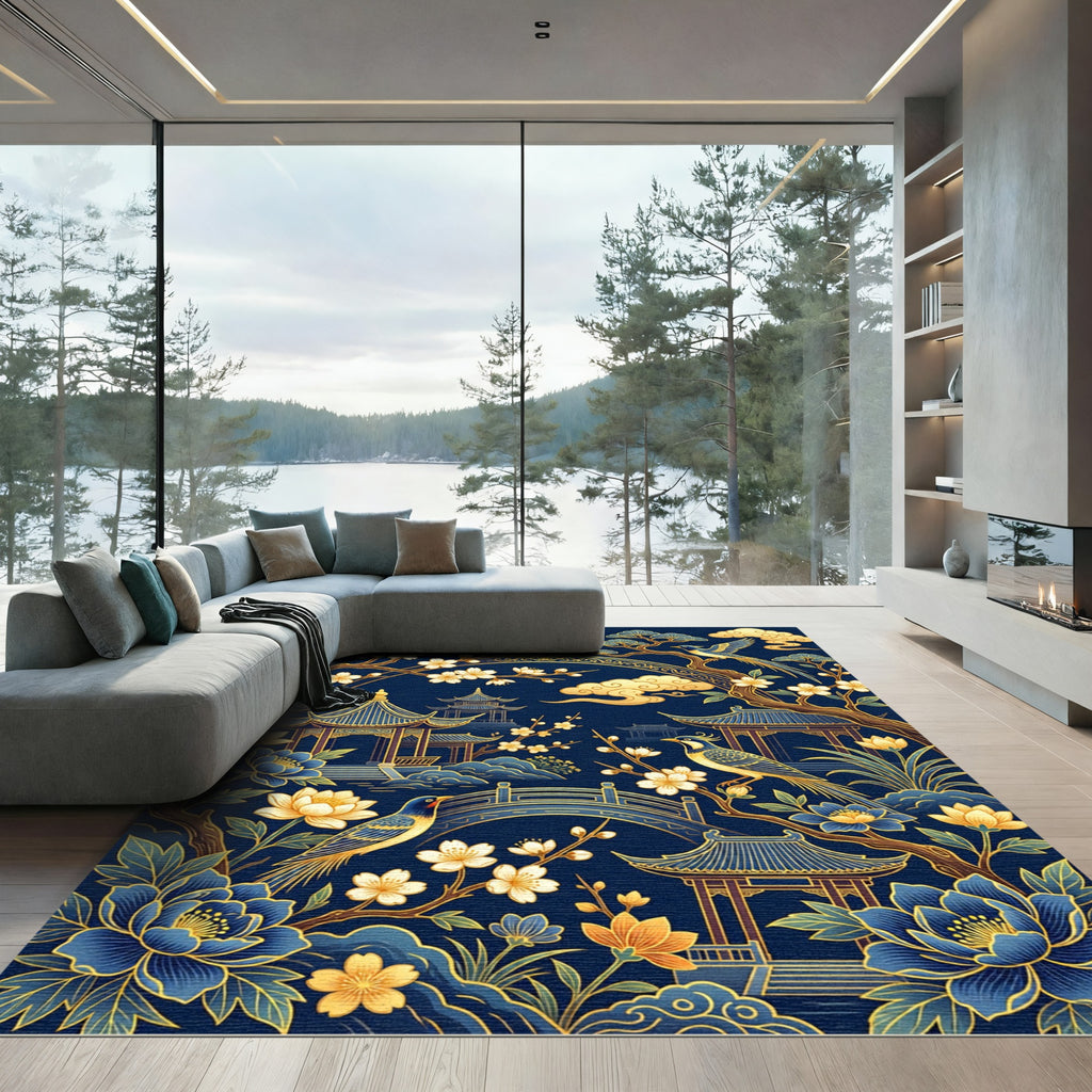 Golden Chinoiserie Floral Pagoda Navy Rug
