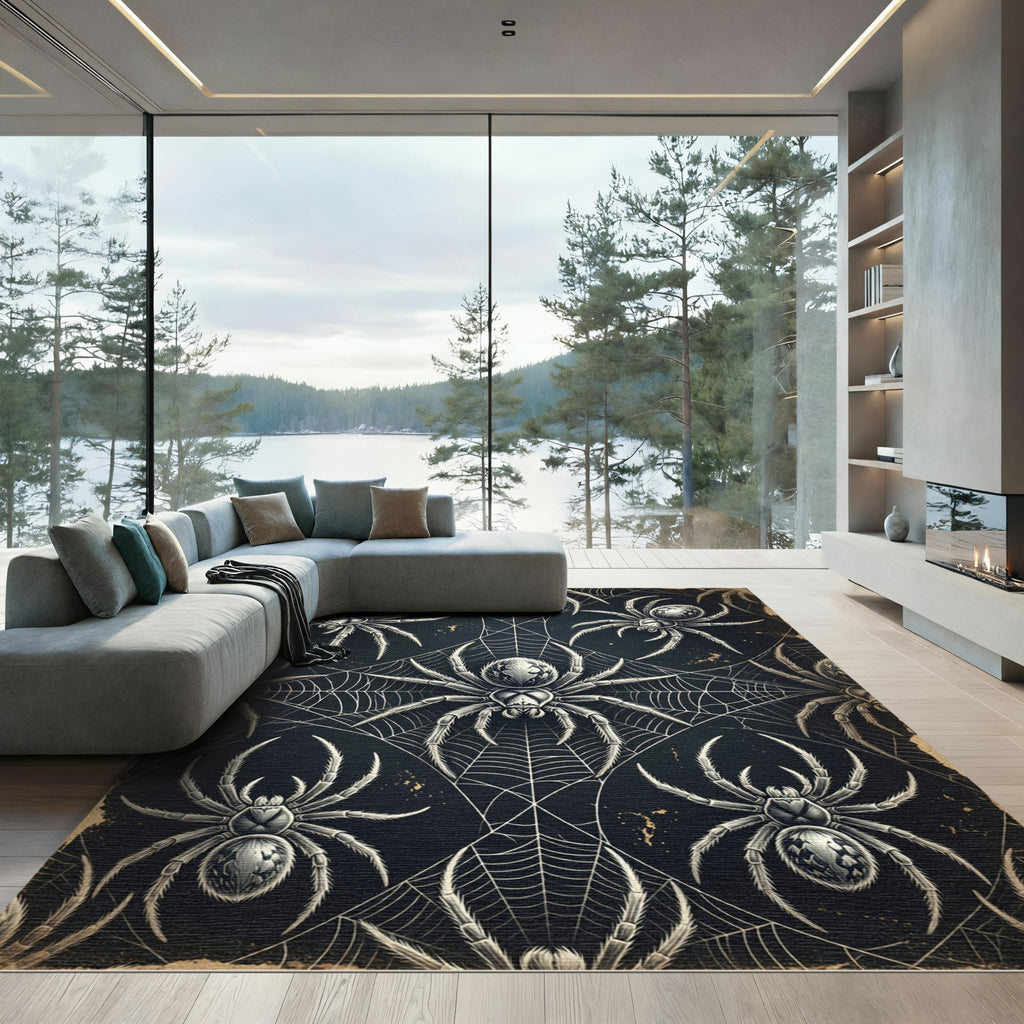 Gothic Black and Silver Spiders Web Rug