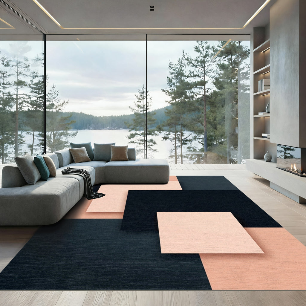 Minimalist Peach and Charcoal Block Rug
