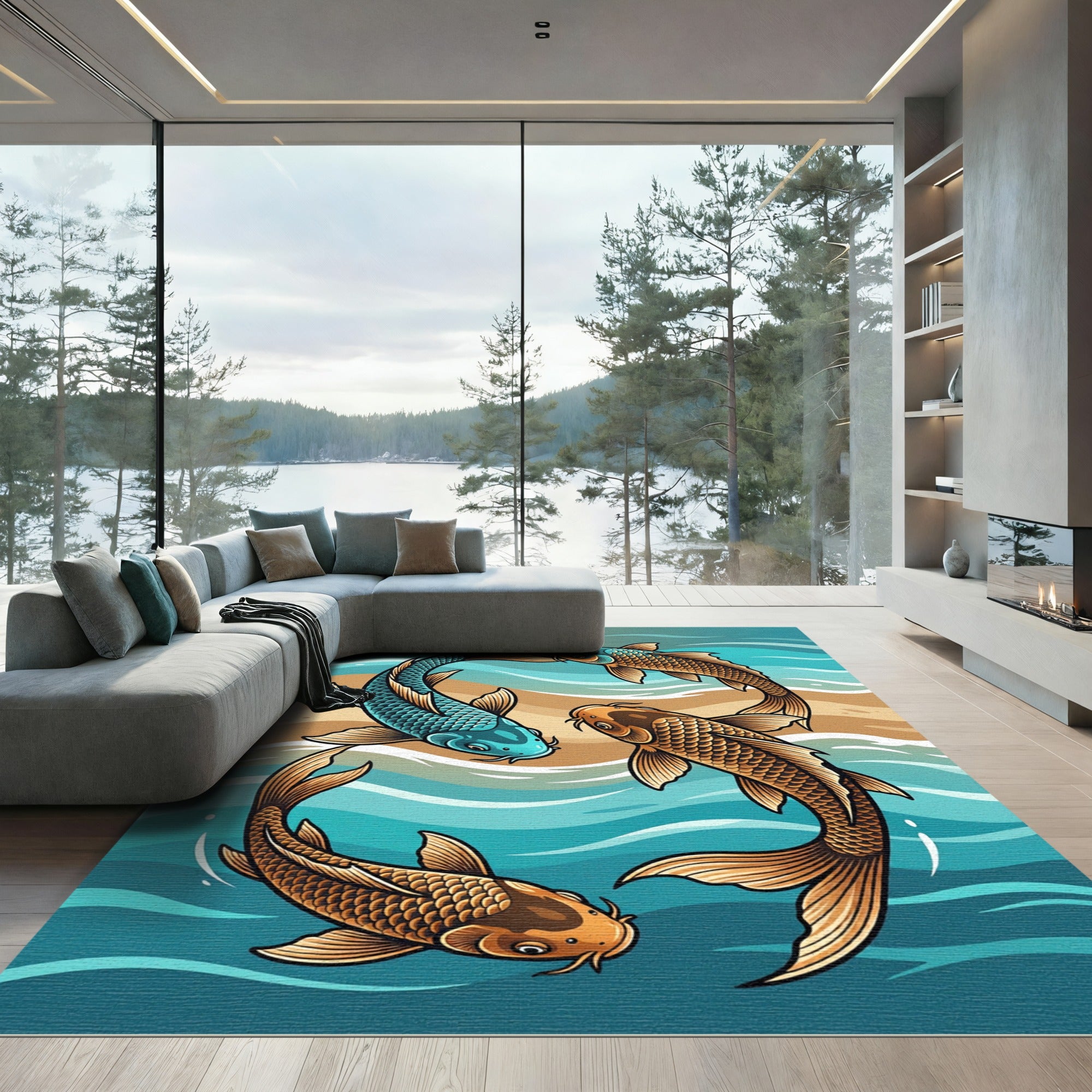 Earthy Koi Fish Circular Wave Accent Rug