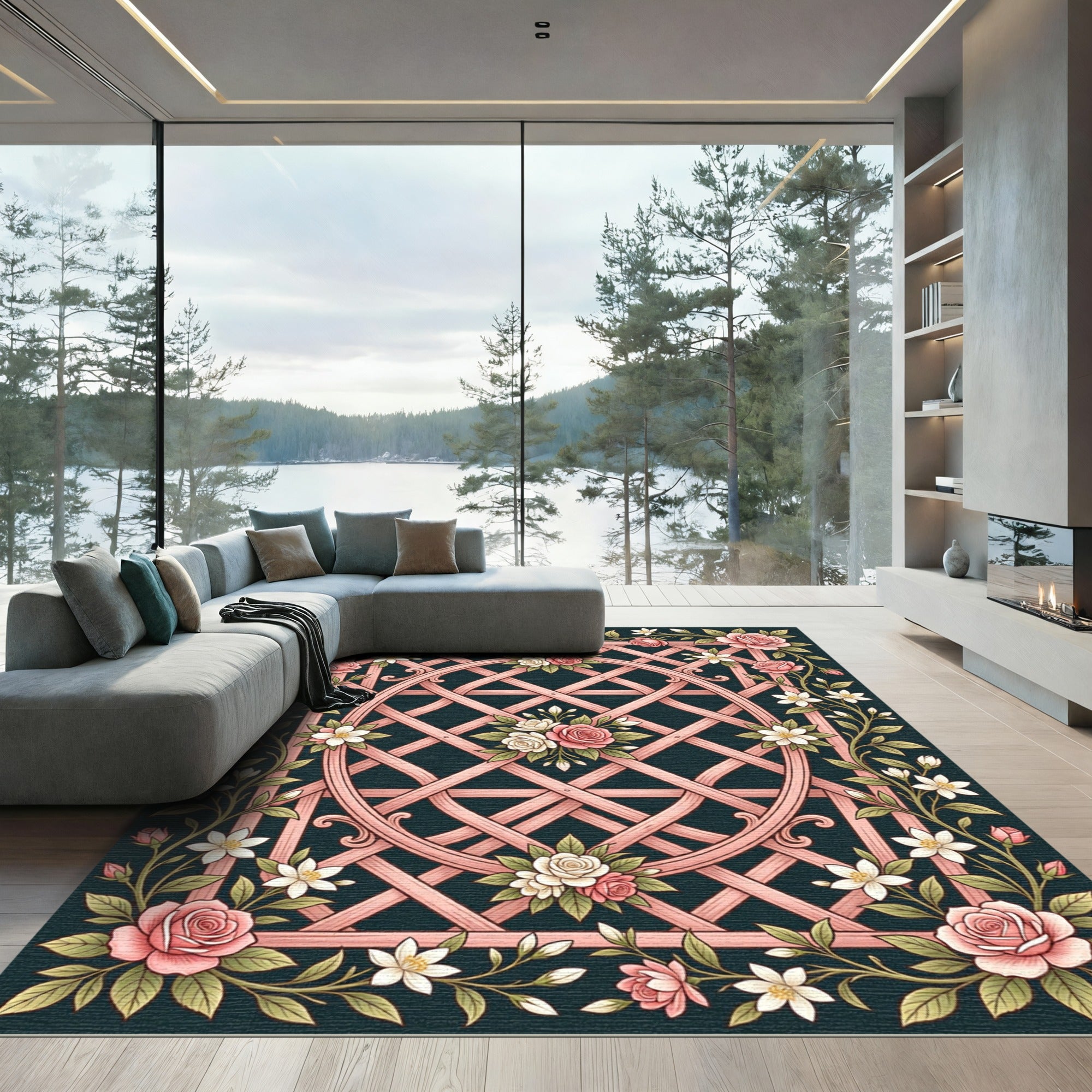 Rose Pink Garden Lattice Floral Accent Rug