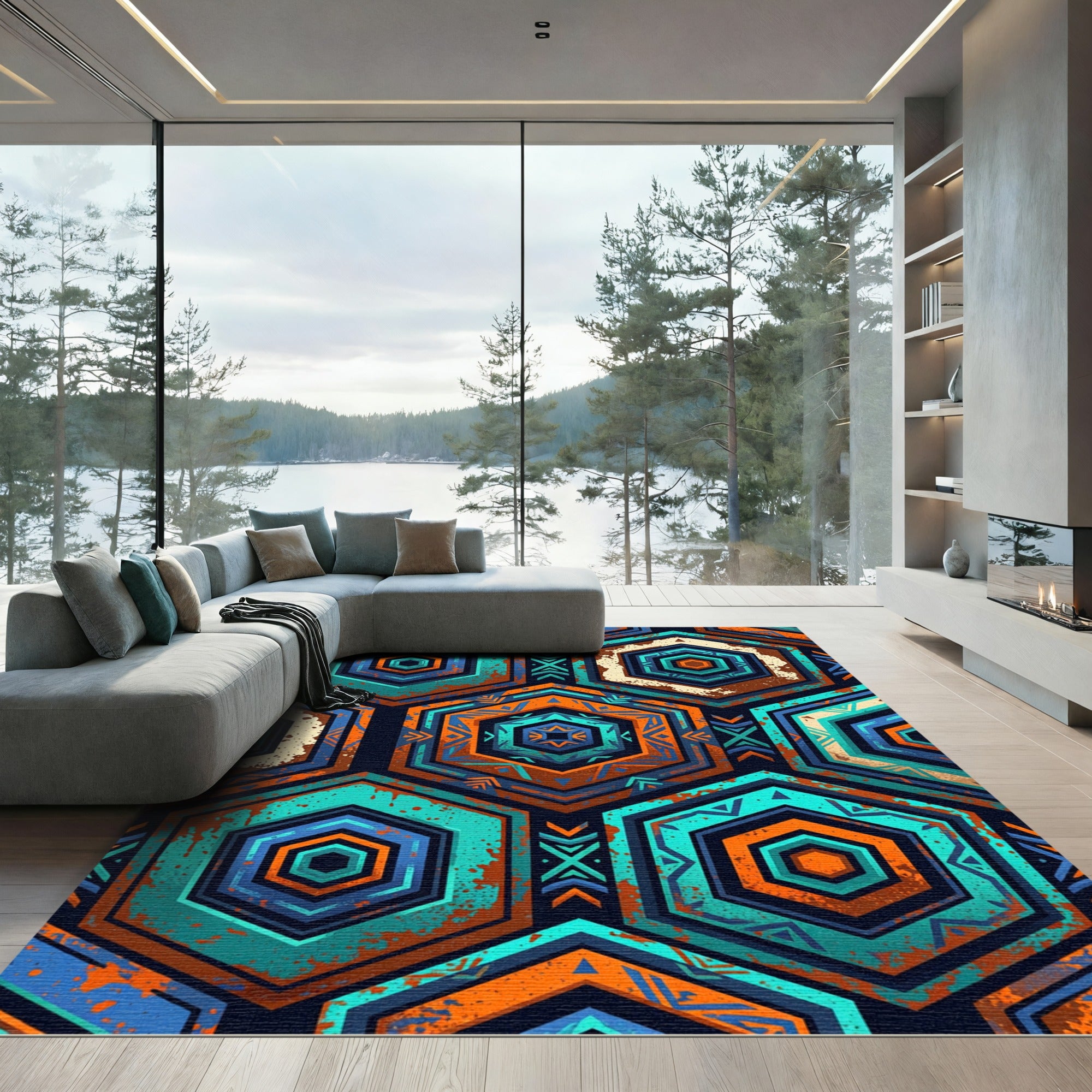 Vibrant Teal Orange Hexagon Tribal Rug