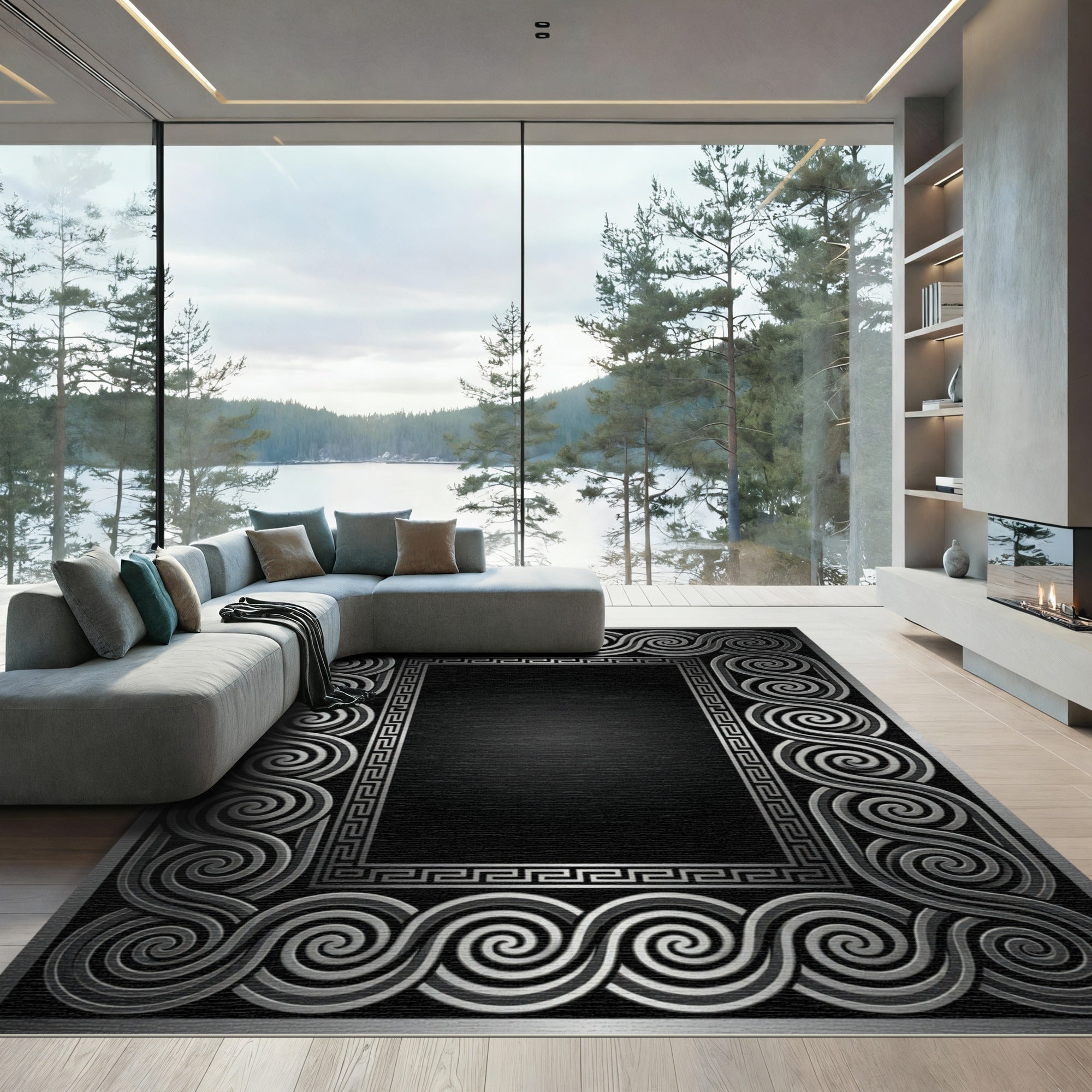 Silver Swirl Greek Key Border Rug