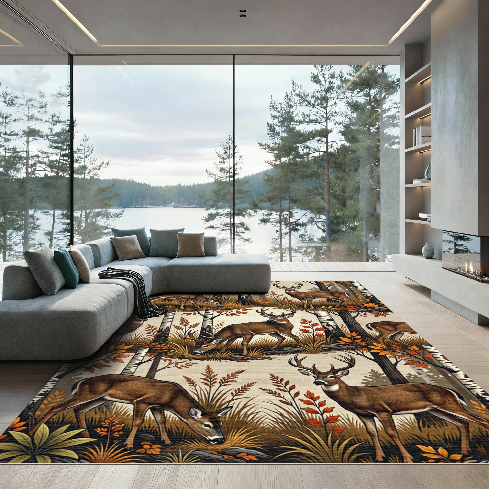 Majestic Woodland Deer Birch Forest Rug