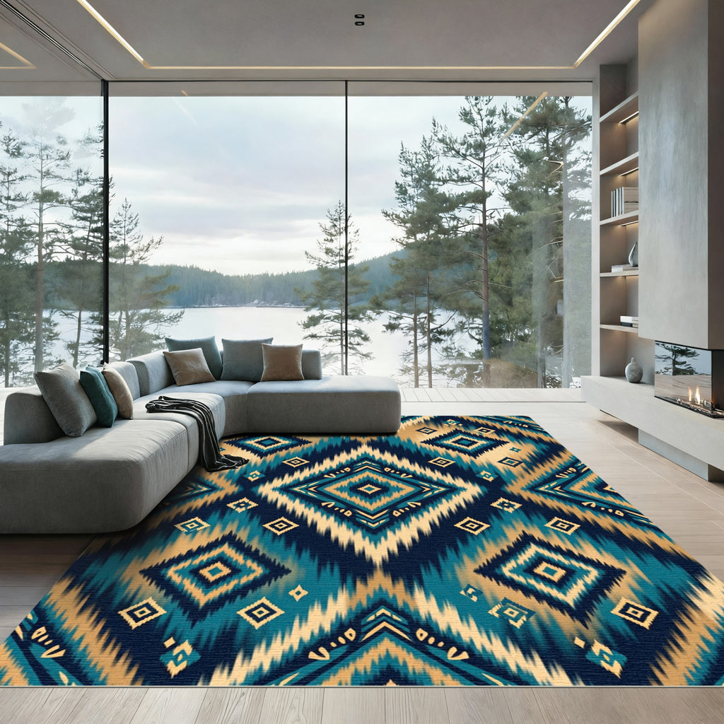 Teal Gold Diamond Jagged Edge Abstract Rug