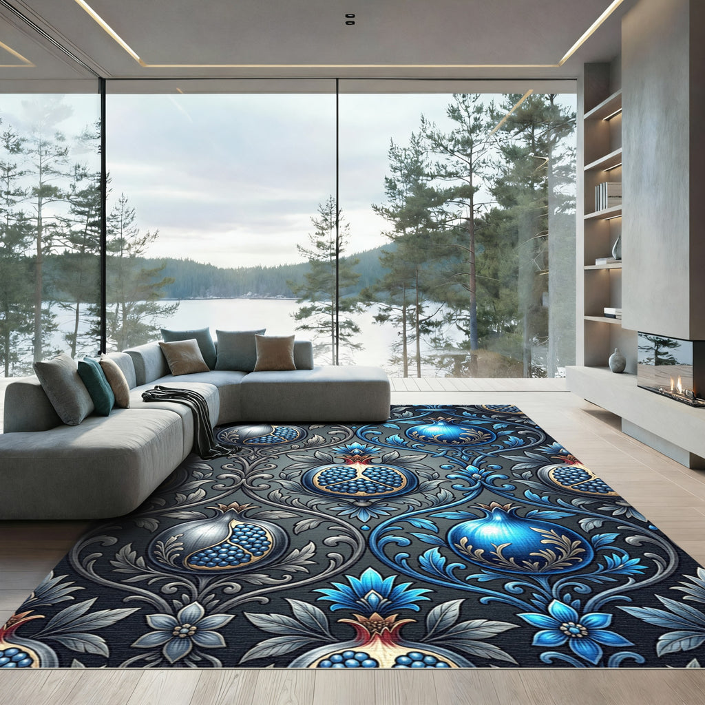 Blue Pomegranate Floral Damask Rug