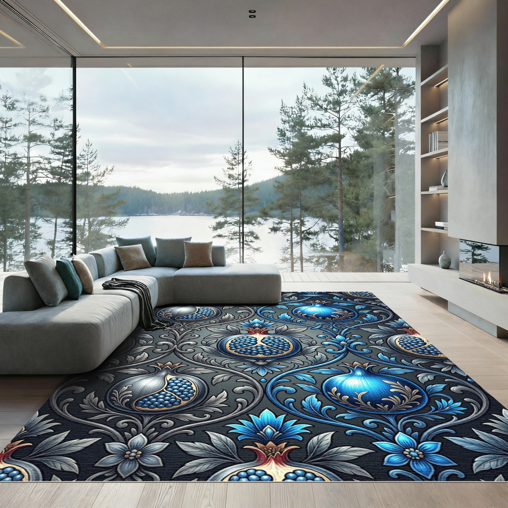 Blue Pomegranate Floral Damask Rug