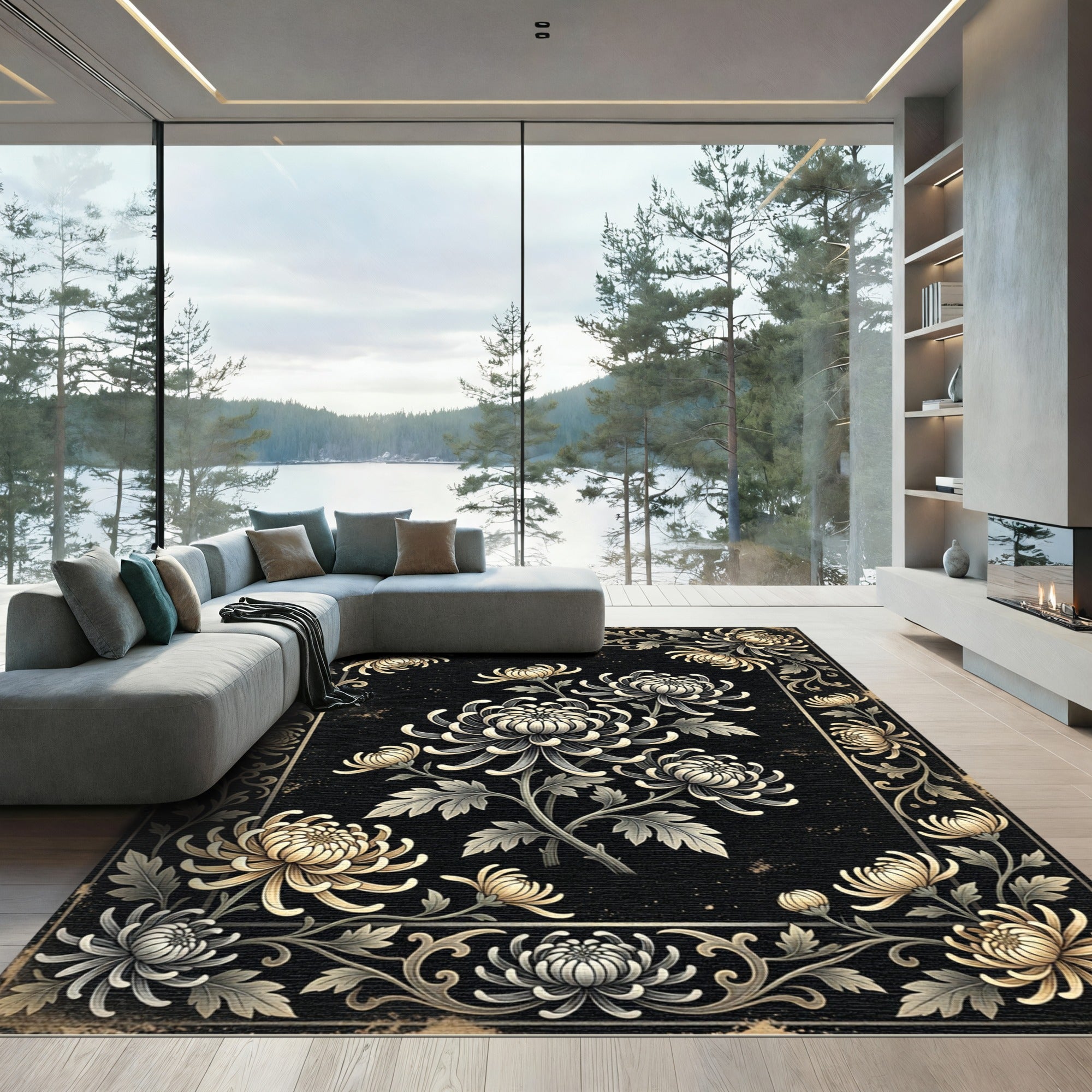 Golden Chrysanthemum Noir Botanical Illustration Rug