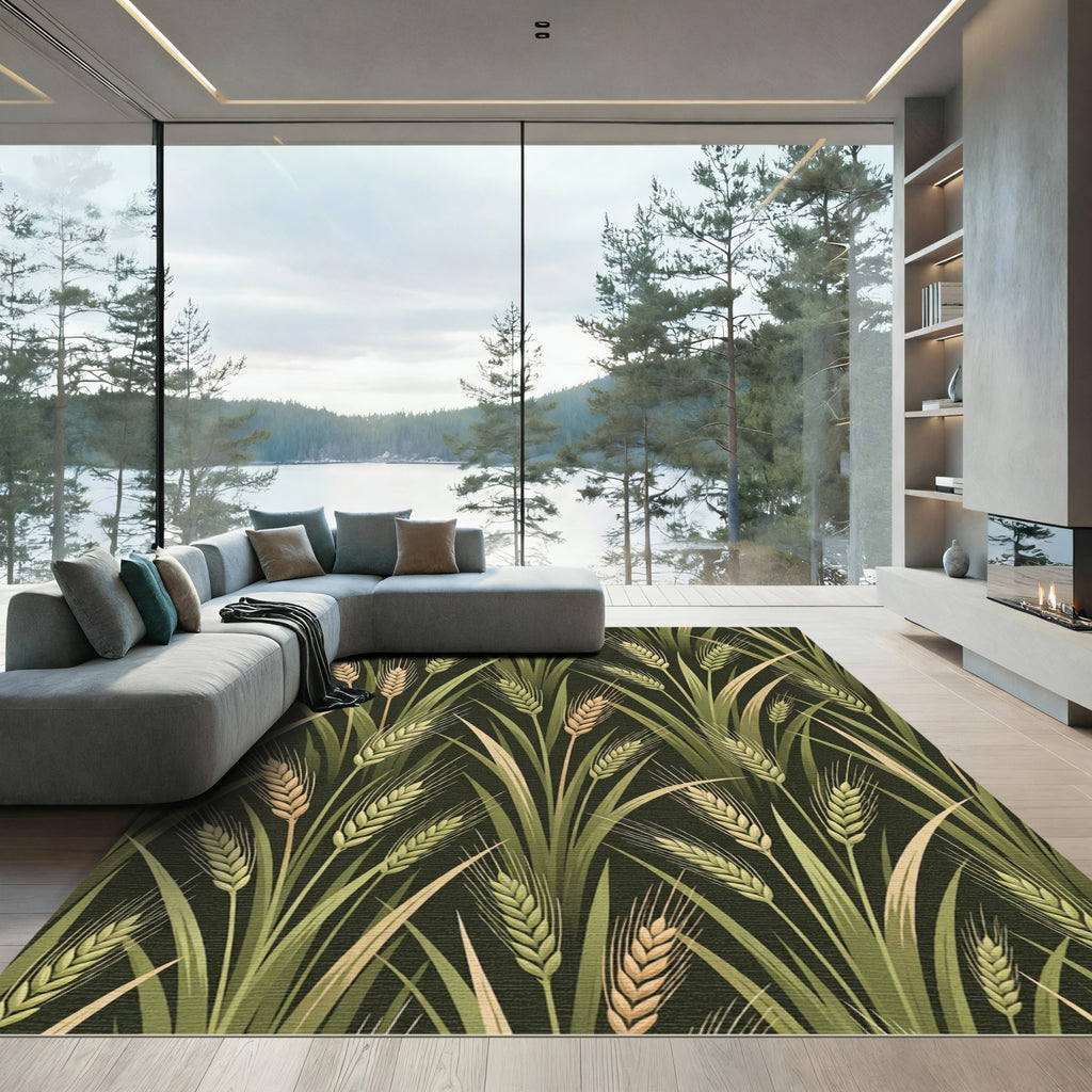 Botanical Golden Wheat Stalk Forest Dark Background Rug