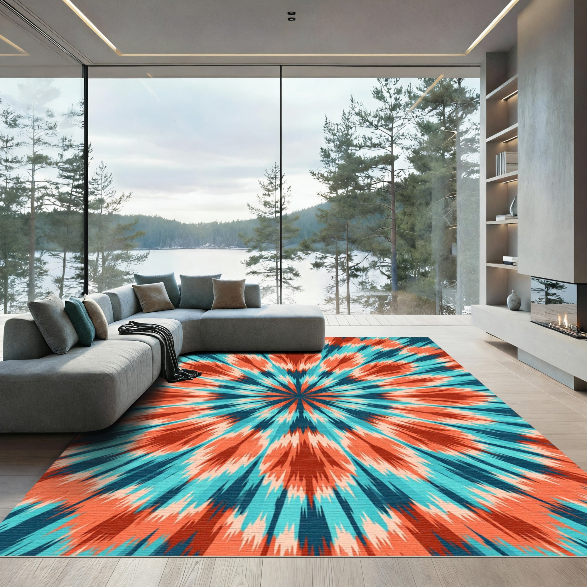 Vibrant Teal Coral Burst Sunburst Rug