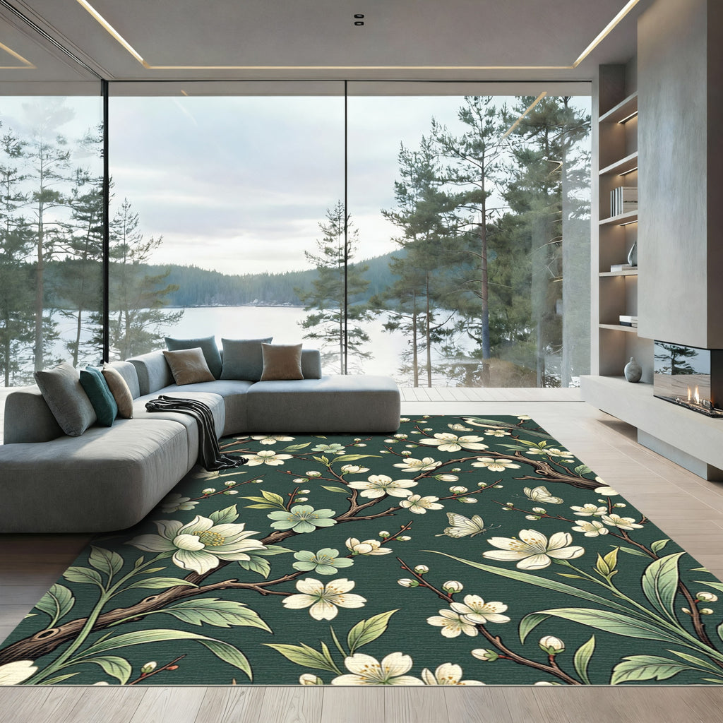 Elegant White Cherry Blossom Teal Rug