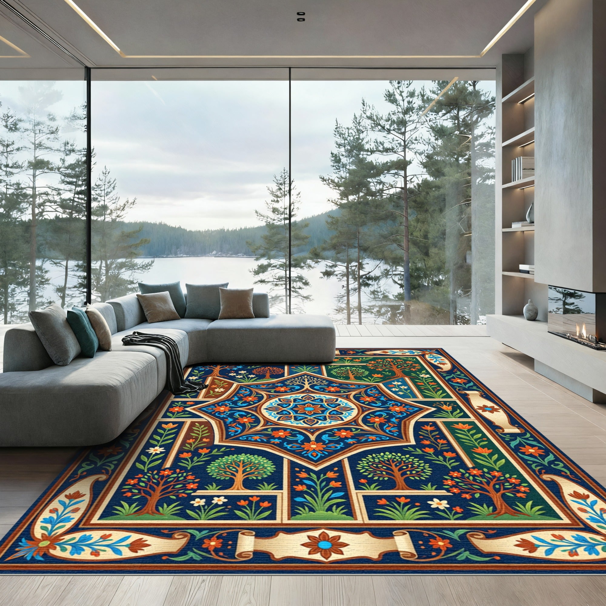 Midnight Blue Botanical Floral Star Medallion Rug