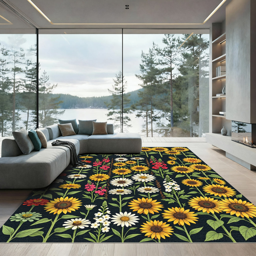 Botanical Sunflower and Daisy Garden Meadow Rug