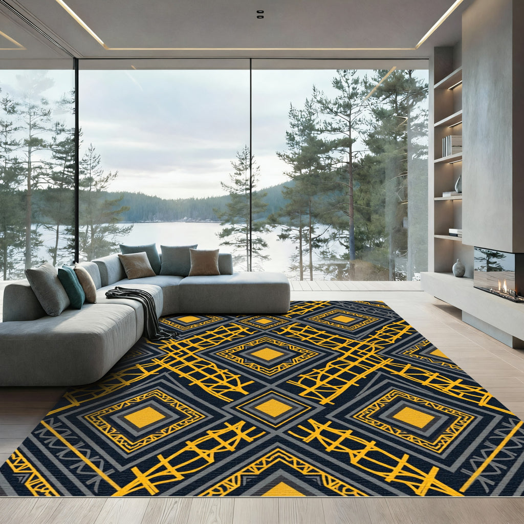 Charcoal Gold Geometric Diamond Lines Rug