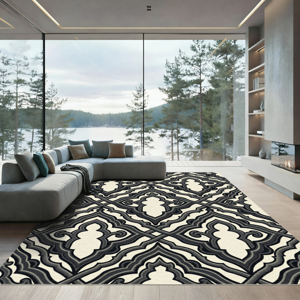 Ornate Black Ivory Lattice Arch Rug